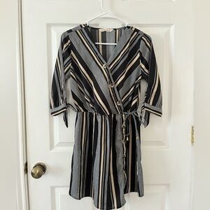 Indulge Black and Cream Striped Mid-Length Sleeve Dress